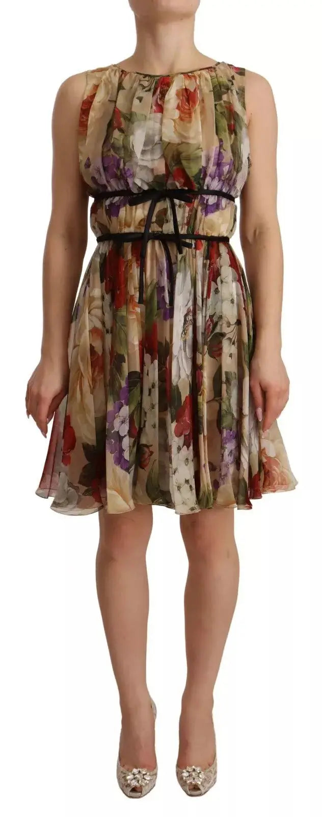 Robe mini beige dolce & gabbana sans manches à imprimé floral fluide avec taille smockée et ruban noir