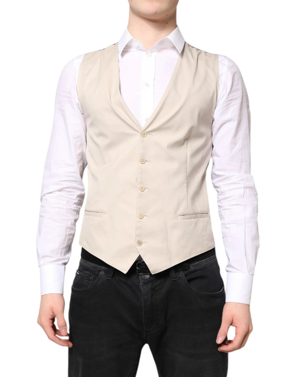 Dolce & Gabbana gilet beige gris pour homme en tissu tailleur avec cinq boutons assortis et deux poches devant