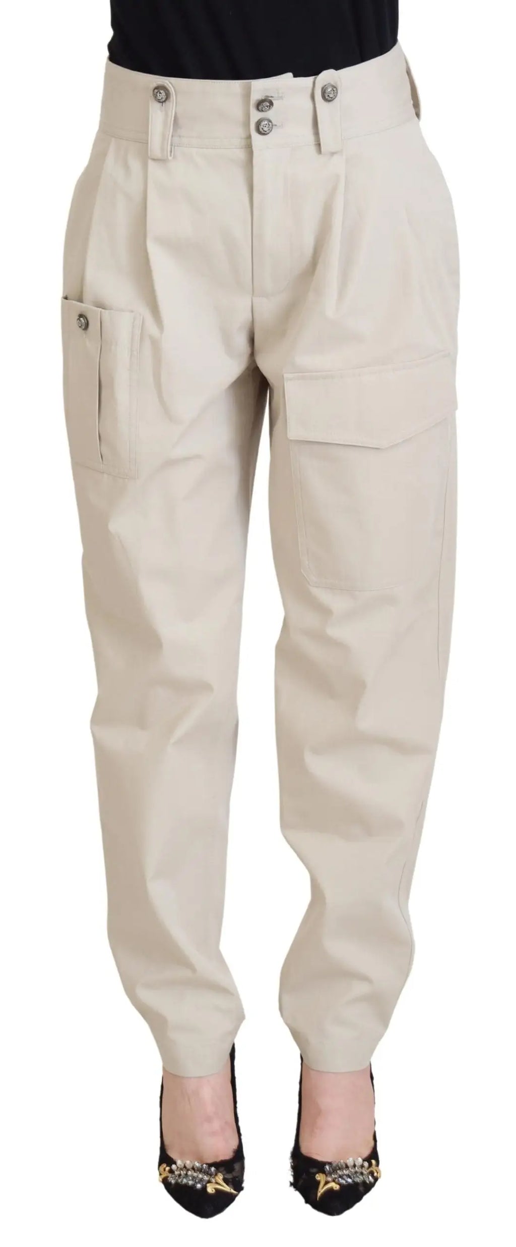 Pantalon cargo beige dolce gabbana pour femme taille haute avec ceinture à boutons et poches latérales