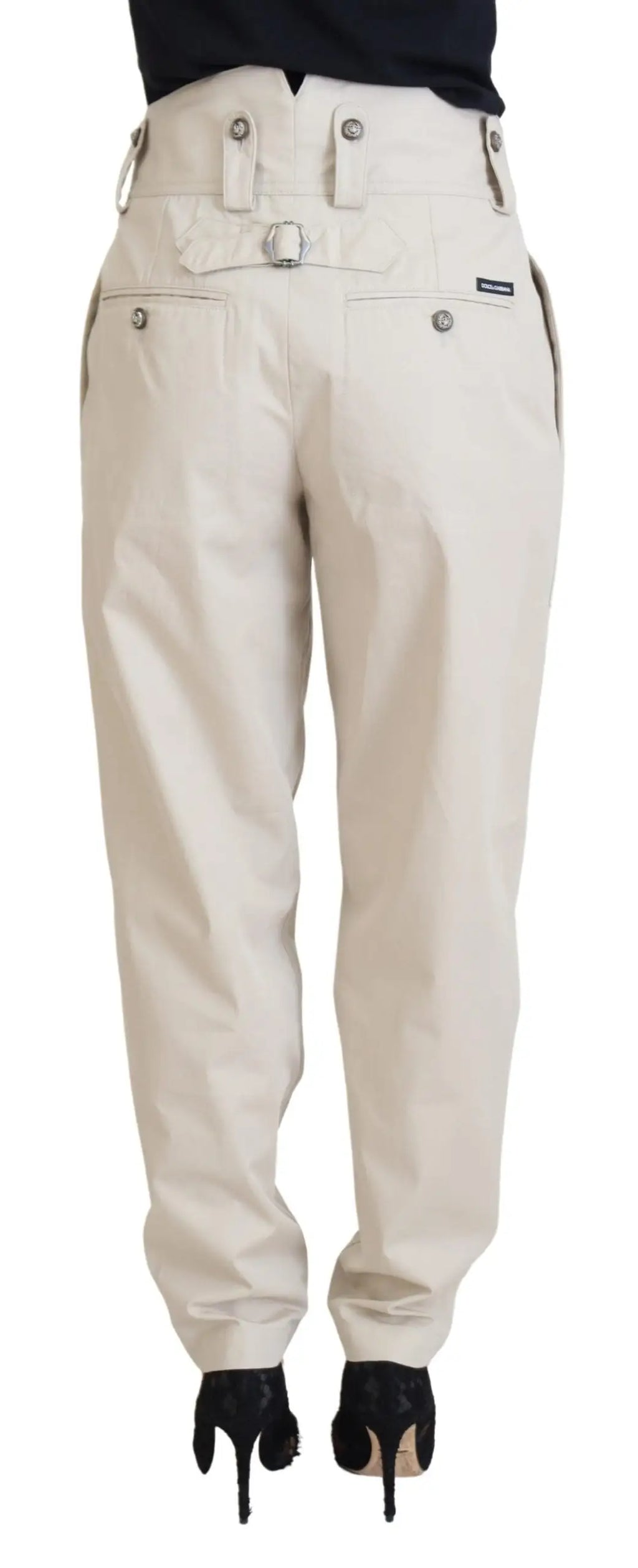 Pantalon femme beige dolce gabbana taille haute avec ceinture et détails métalliques argentés