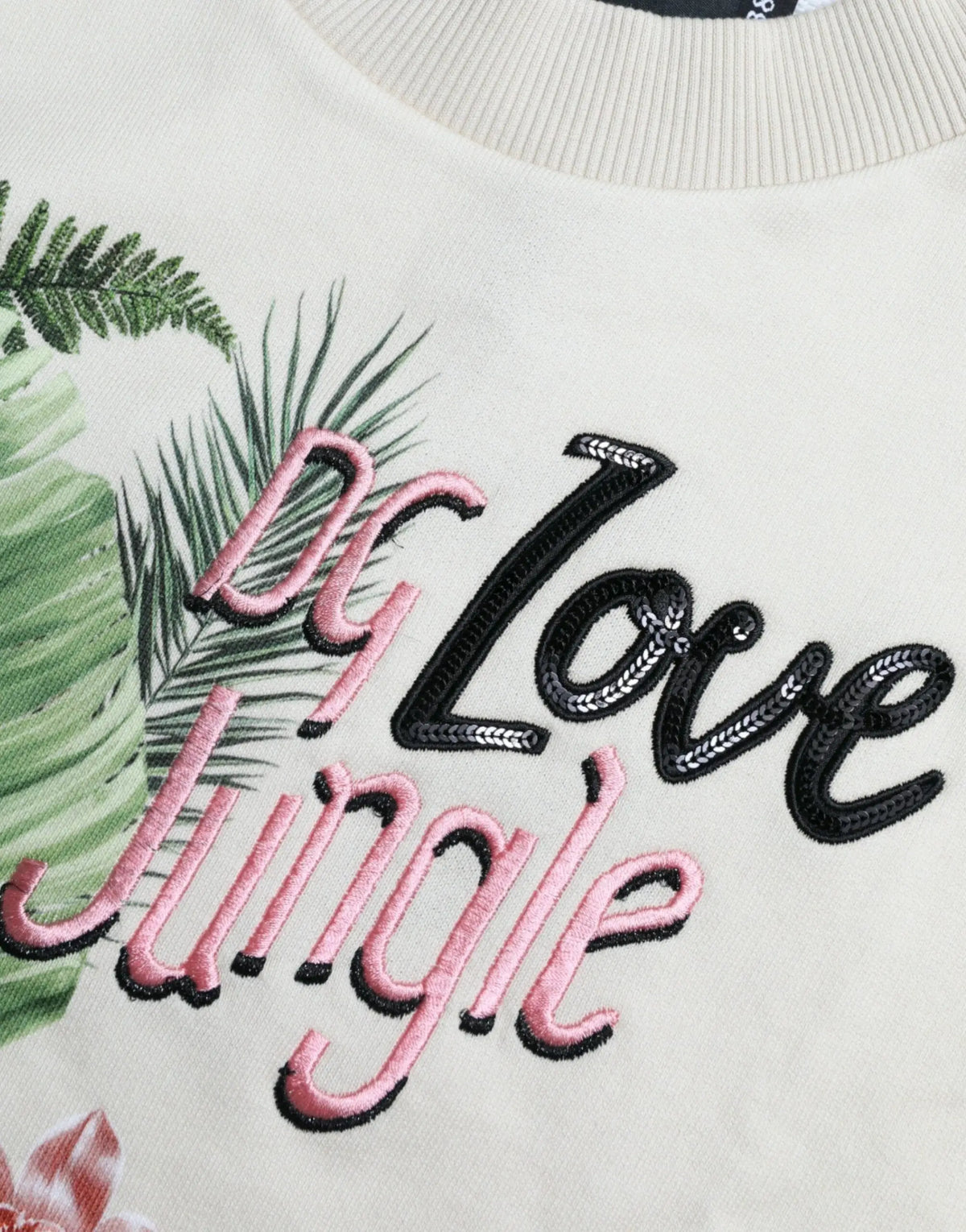 Sweatshirt beige dolce & gabbana en coton avec texte brodé do love jungle en rose et noir et motifs de feuilles tropicales