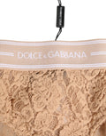 Beige dentelle brasiliano briefs dolce & gabbana avec taille côtelée et logo brodé blanc