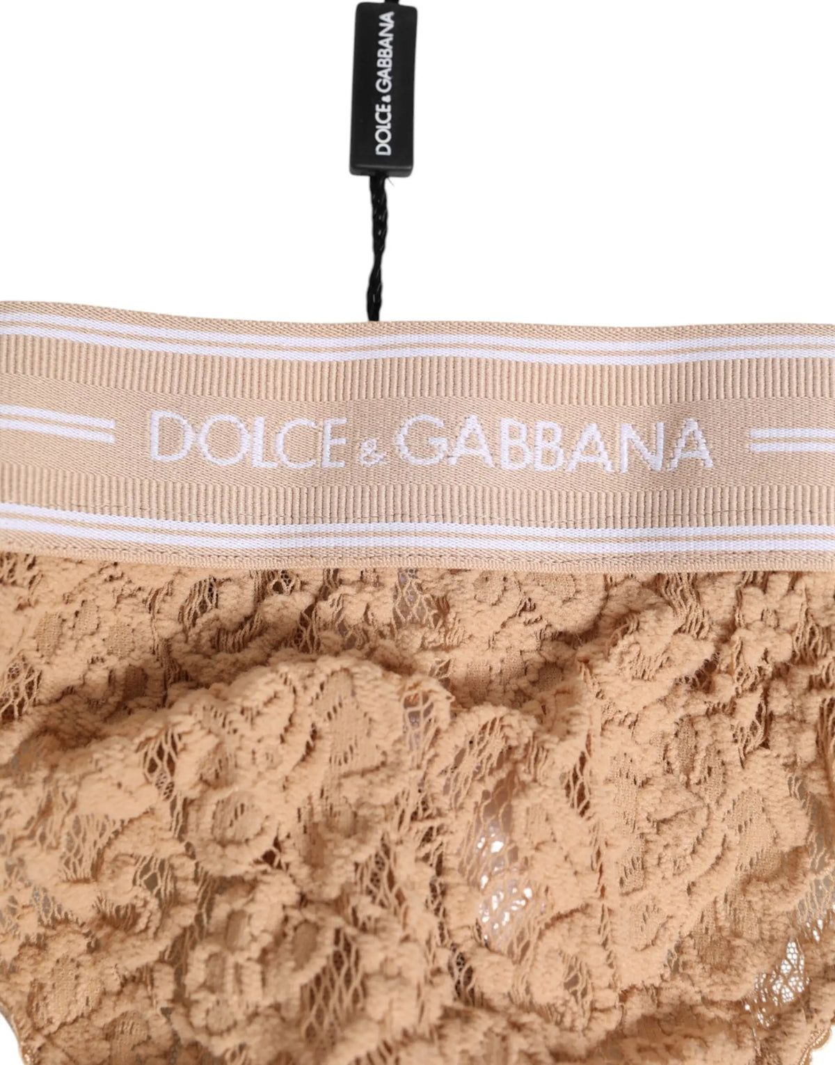 String tanga dolce & gabbana beige en dentelle avec taille élastique côtelée logo blanc vue dos