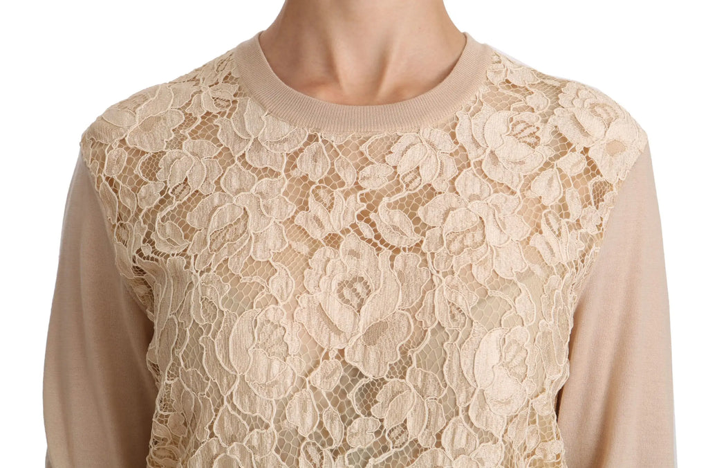 Pull beige en dentelle avec motif floral à manches longues dolce & gabbana en cachemire