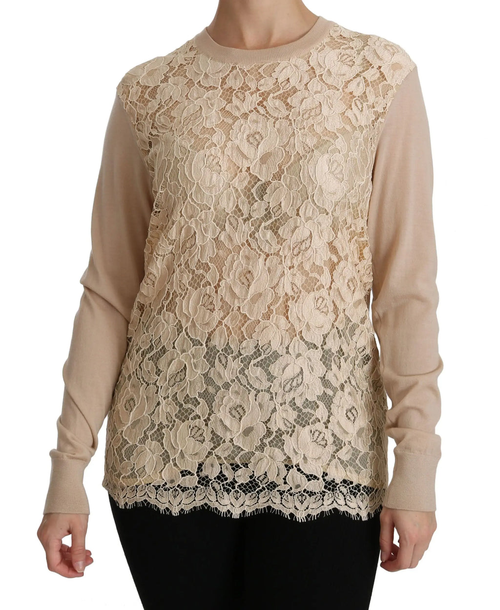 Pull beige en cachemire dolce & gabbana à manches longues avec dentelle florale délicate