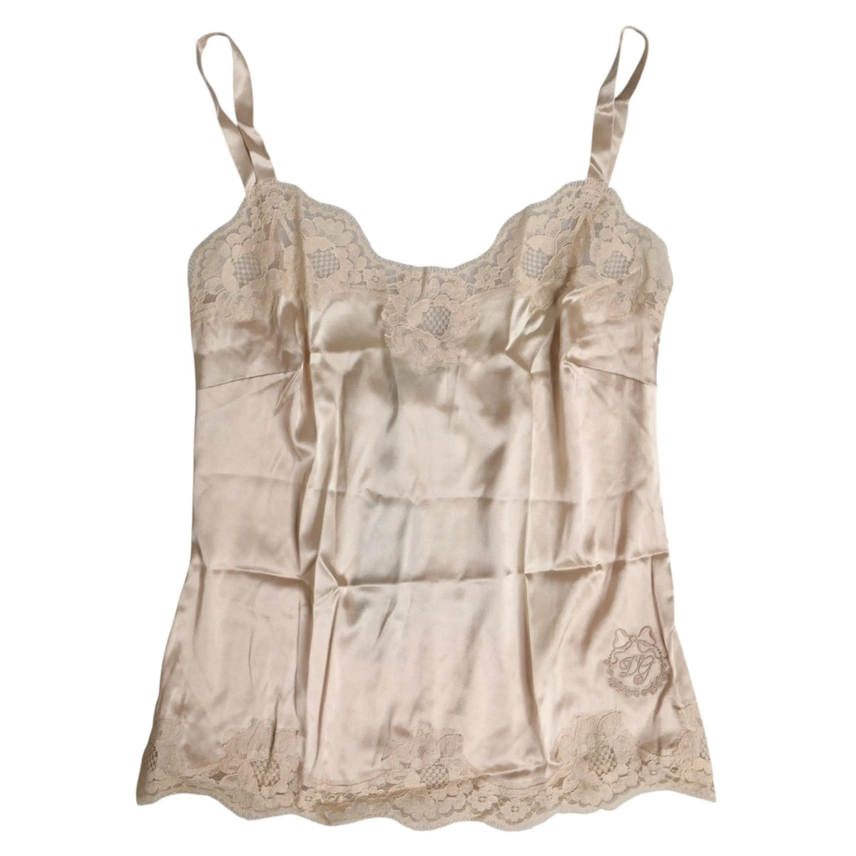 Dolce & gabbana beige satin en soie avec dentelle fine et logo brodé subtil sur le côté inférieur droit