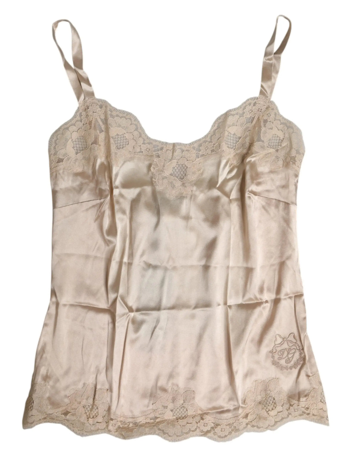 Beige satin lace camisole en soie dolce & gabbana avec bordure dentelle délicate et logo brodé sur le côté inférieur droit