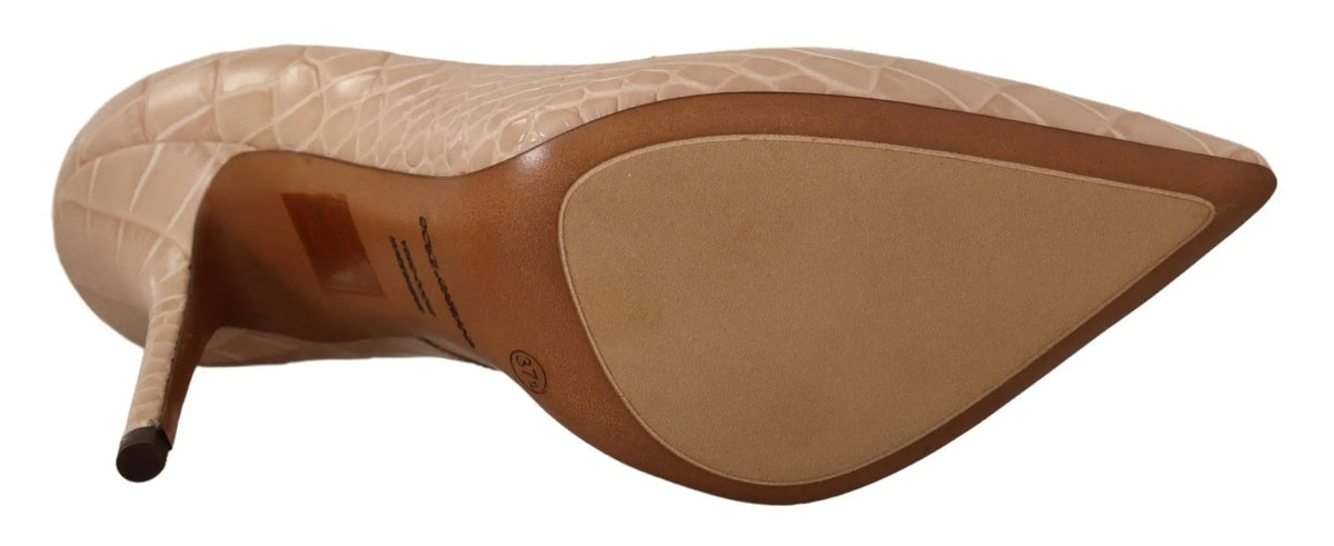 Dolce & gabbana beige leather bellucci heels with crocodile-embossed patent leather and tan rubber sole