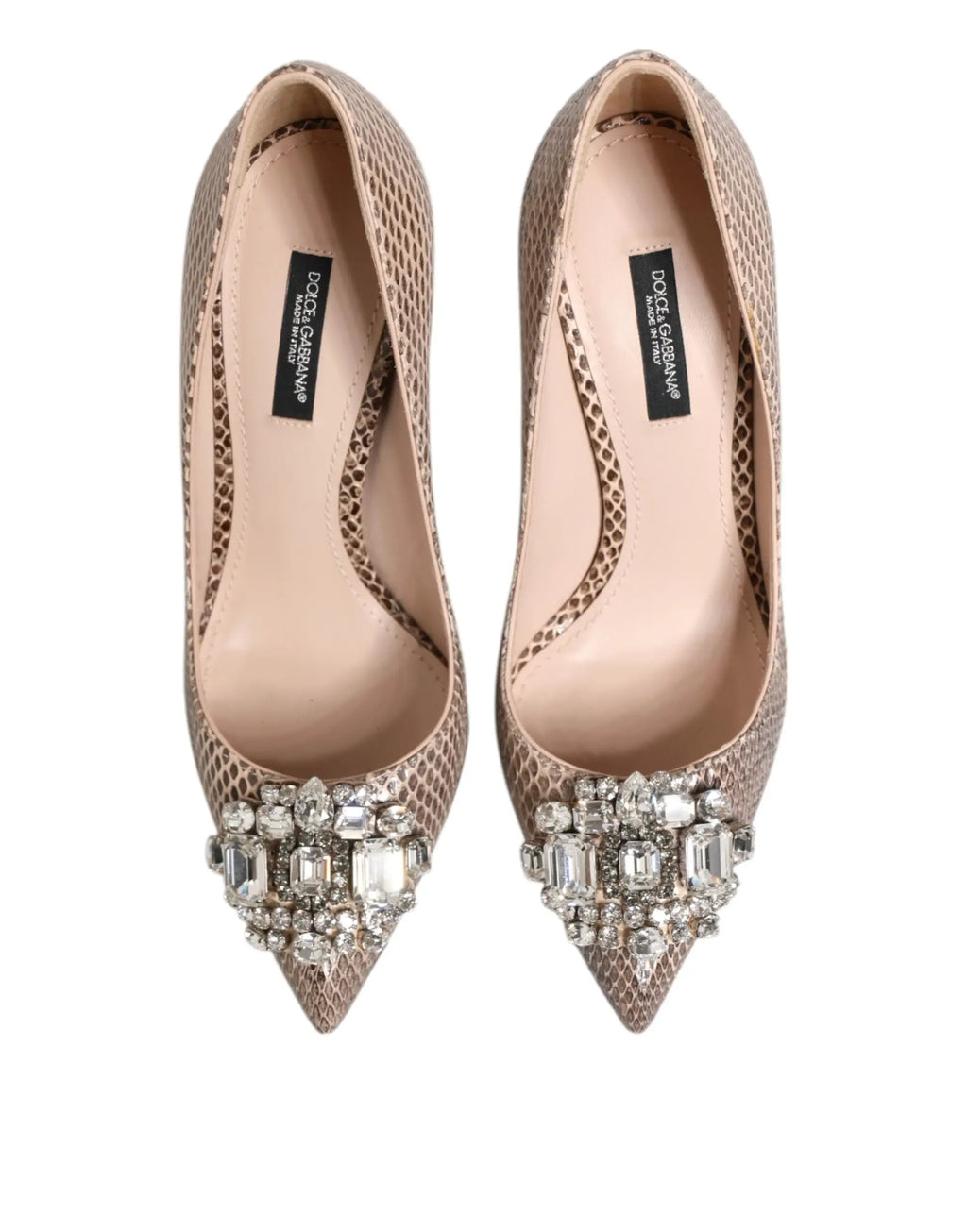 Dolce & gabbana beige leather snake-print pumps with clear crystal embellishments at the toe