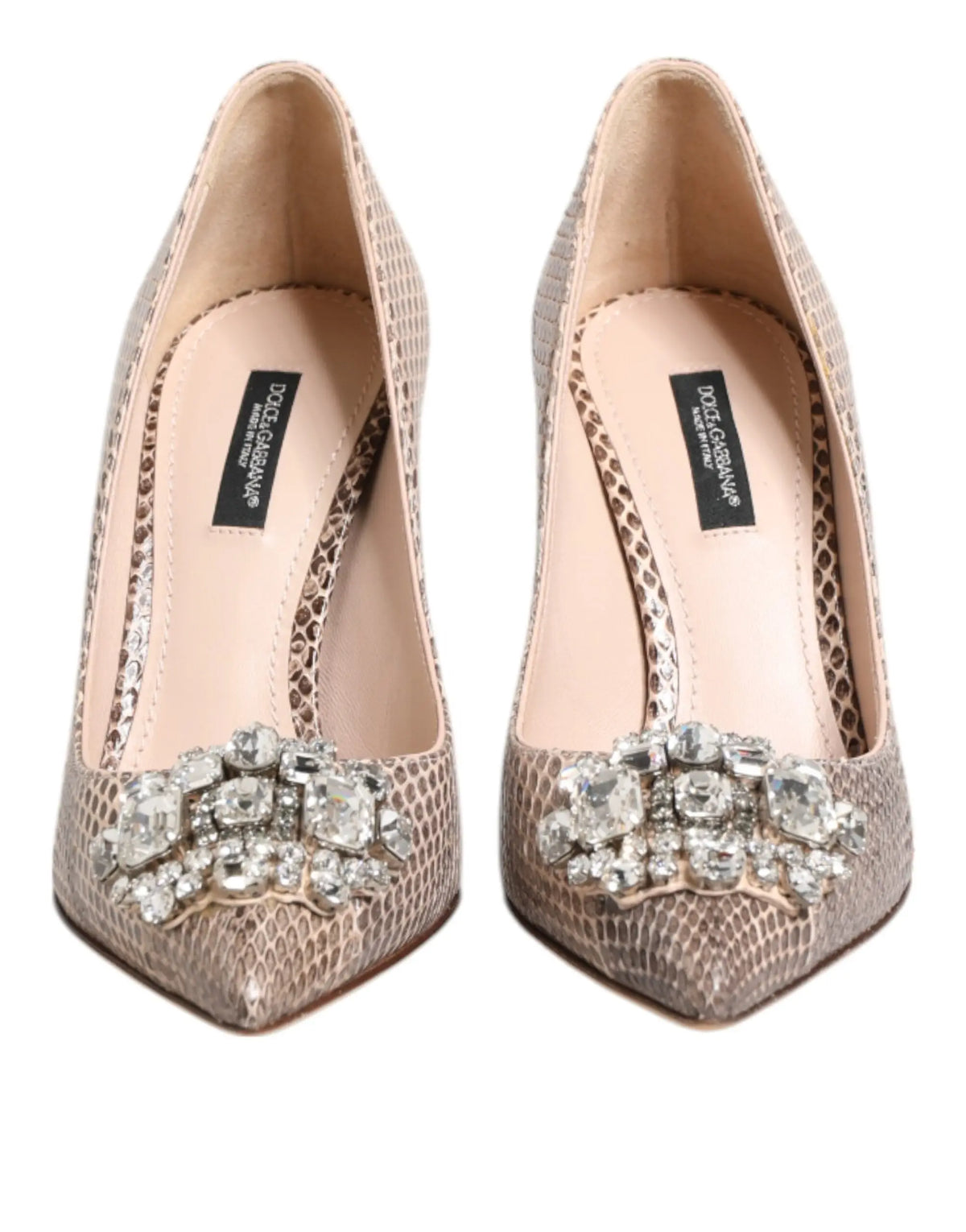 Dolce gabbana beige cuir escarpins à imprimé serpent ornés d’une embellissement cristal étincelant au bout