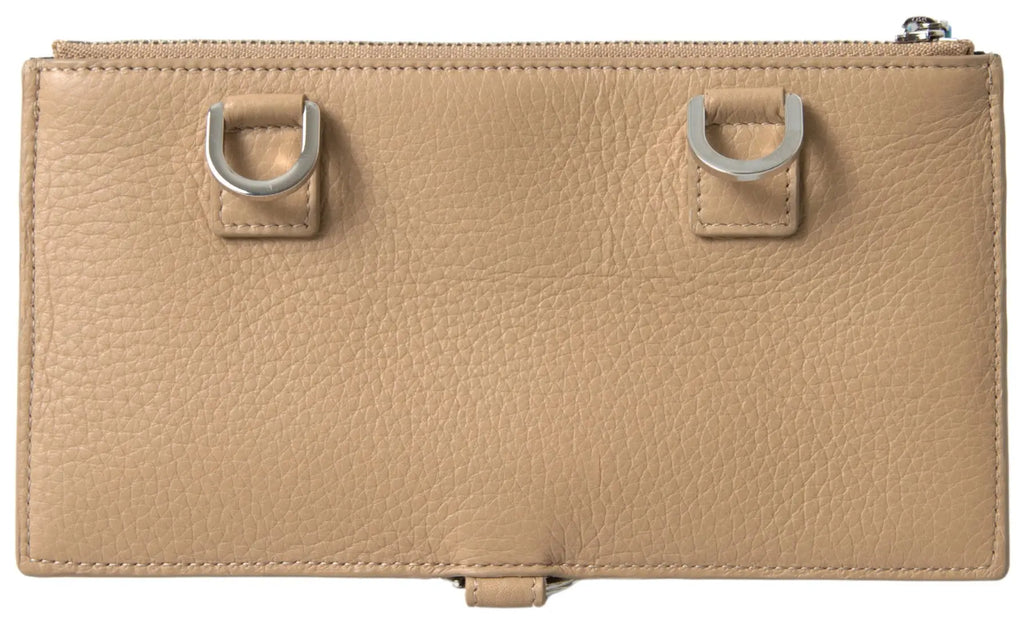 Dolce & gabbana beige leather clutch with textured finish silver-toned d-ring handles and zipper closure