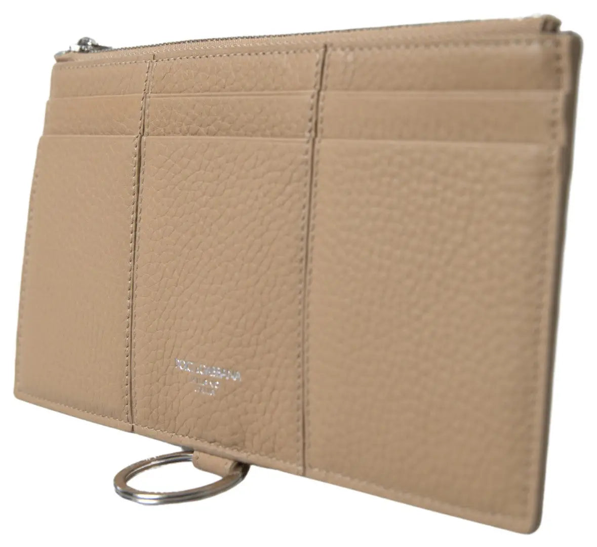 Clutch en cuir beige texturé dolce & gabbana avec fermeture éclair argentée et anneau porte-clés
