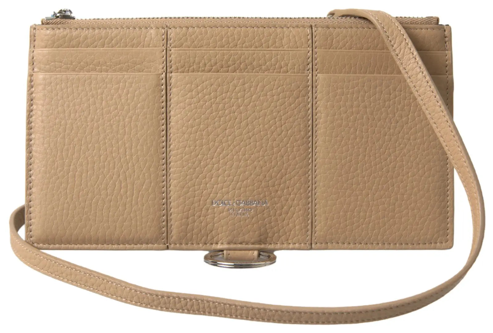 Dolce & gabbana beige cuir grainé portefeuille bandoulière avec plusieurs emplacements cartes et ferrures argentées