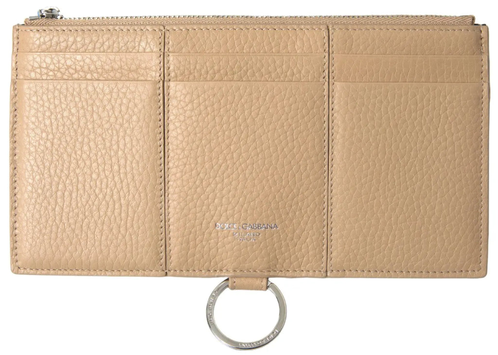 Dolce & gabbana beige leather zippered card case with metal ring for shoulder strap wallet use
