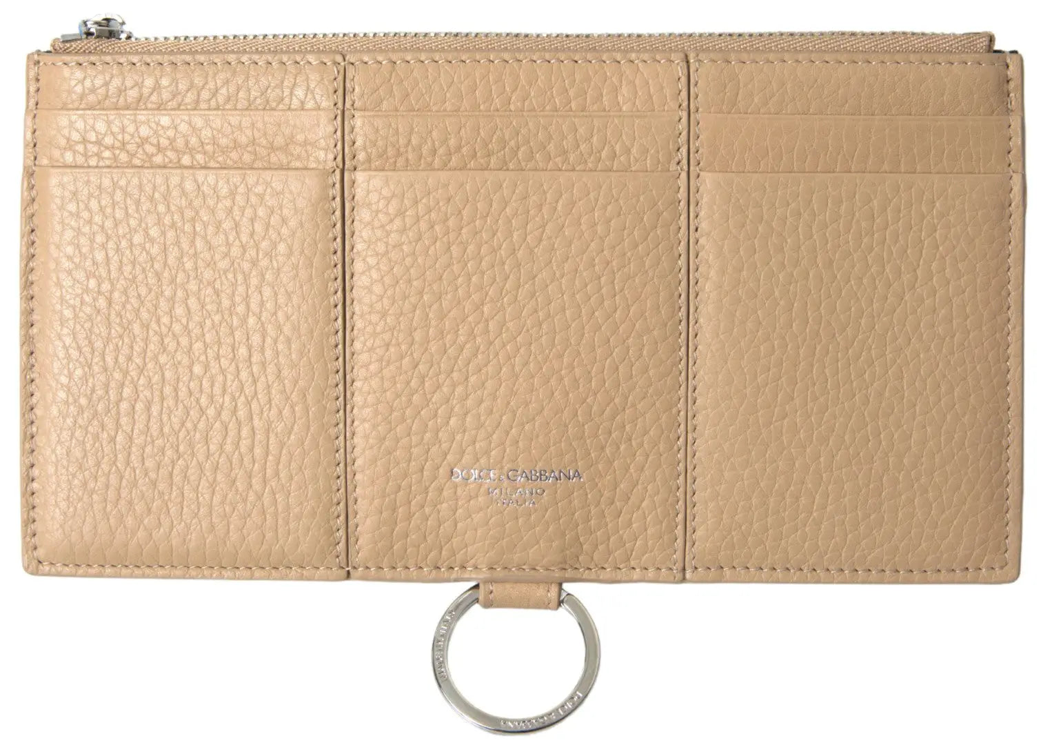 Dolce & gabbana beige leather zippered card case with metal ring for shoulder strap wallet use