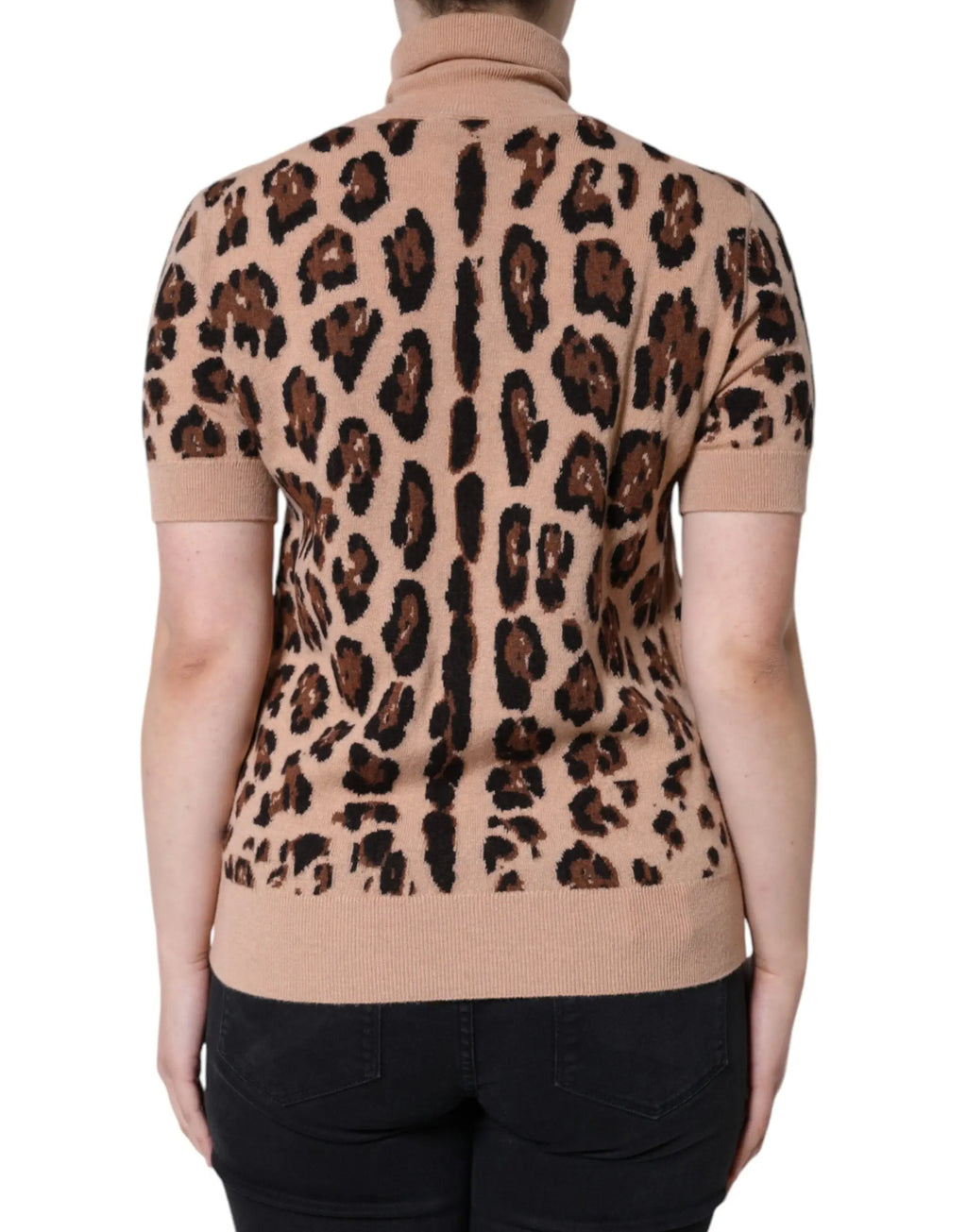 Dolce & Gabbana beige leopard print pull col roulé en laine à manches courtes avec ourlet et poignets côtelés