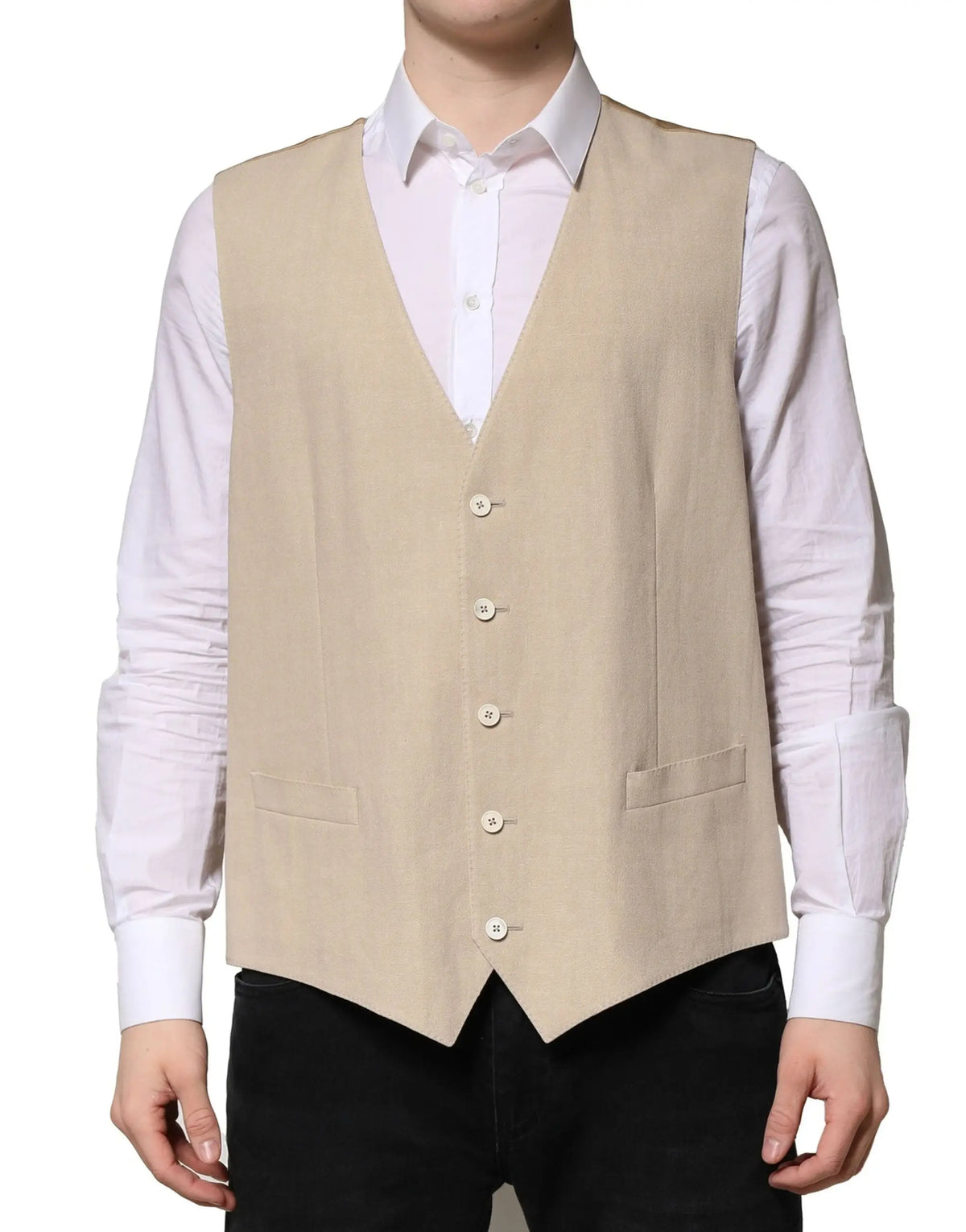 Dolce & gabbana beige linen vest with matching buttons and two front pockets for formal men