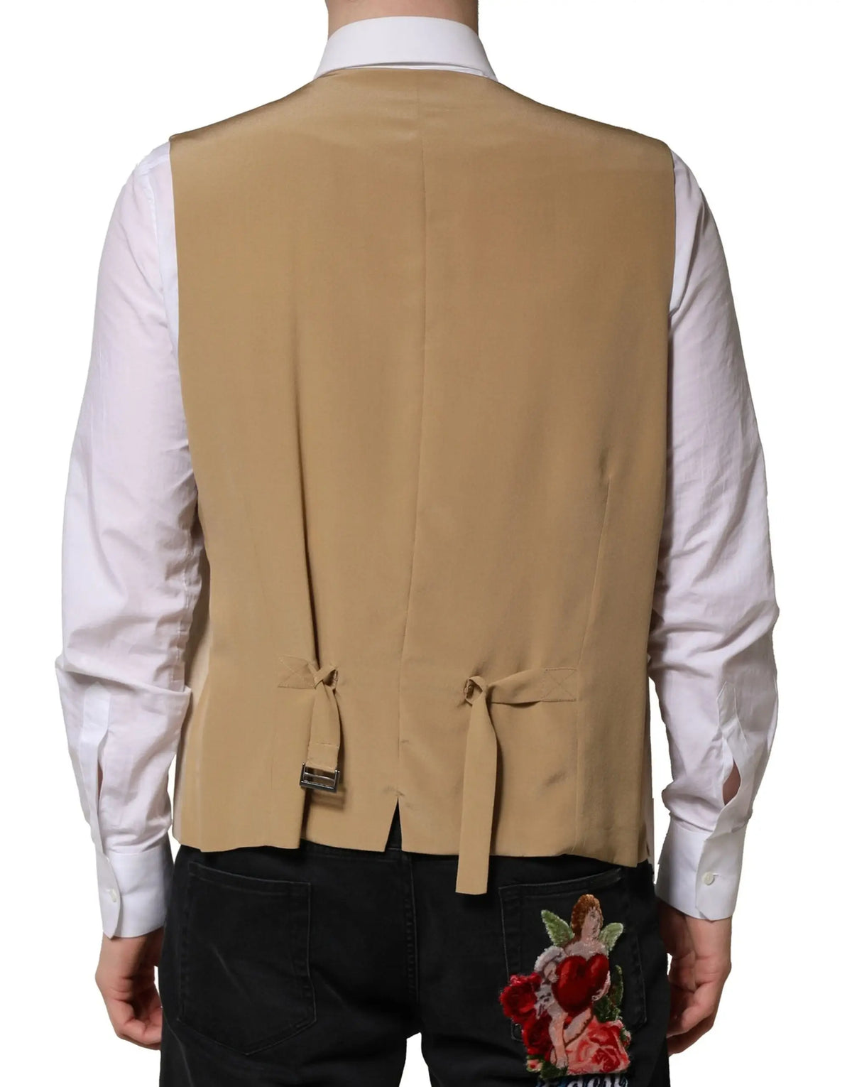 Dolce & gabbana beige linen dress formal men waistcoat vest en soie avec liens au dos et détails de couture subtils