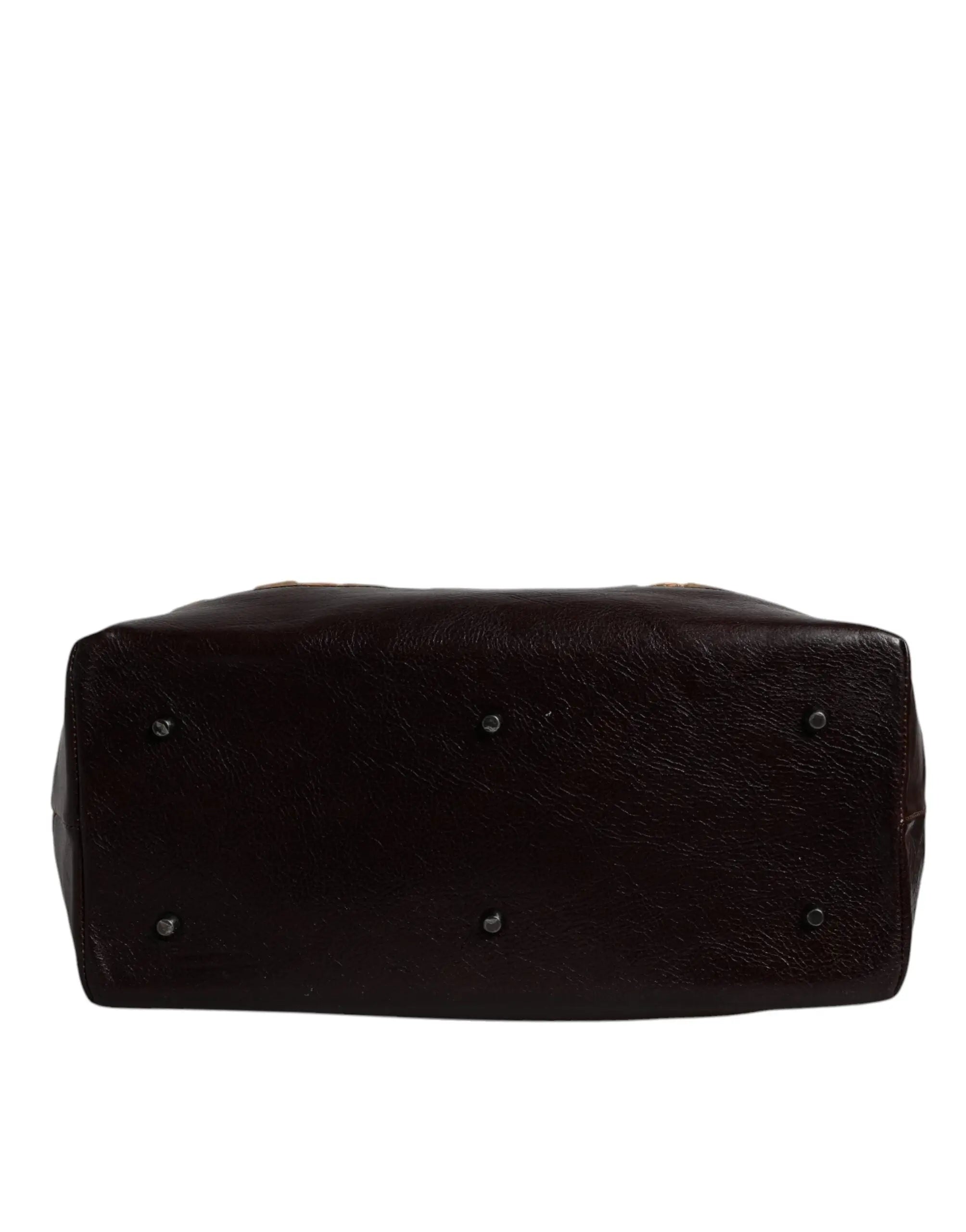 Sacoche en cuir brun foncé avec clous en métal argenté de base pour sac de voyage en velours jacquard beige maroon dolce gabbana