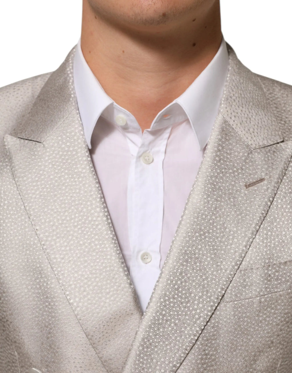 Blazer beige dolce & gabbana martini double boutonnage en tissu gris clair avec motif à petits pois subtils