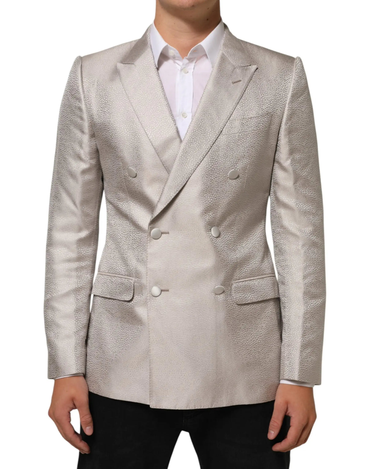 Veste de costume beige dolce & gabbana martini en tissu texturé avec boutonnière double boutonnage argentée élégante
