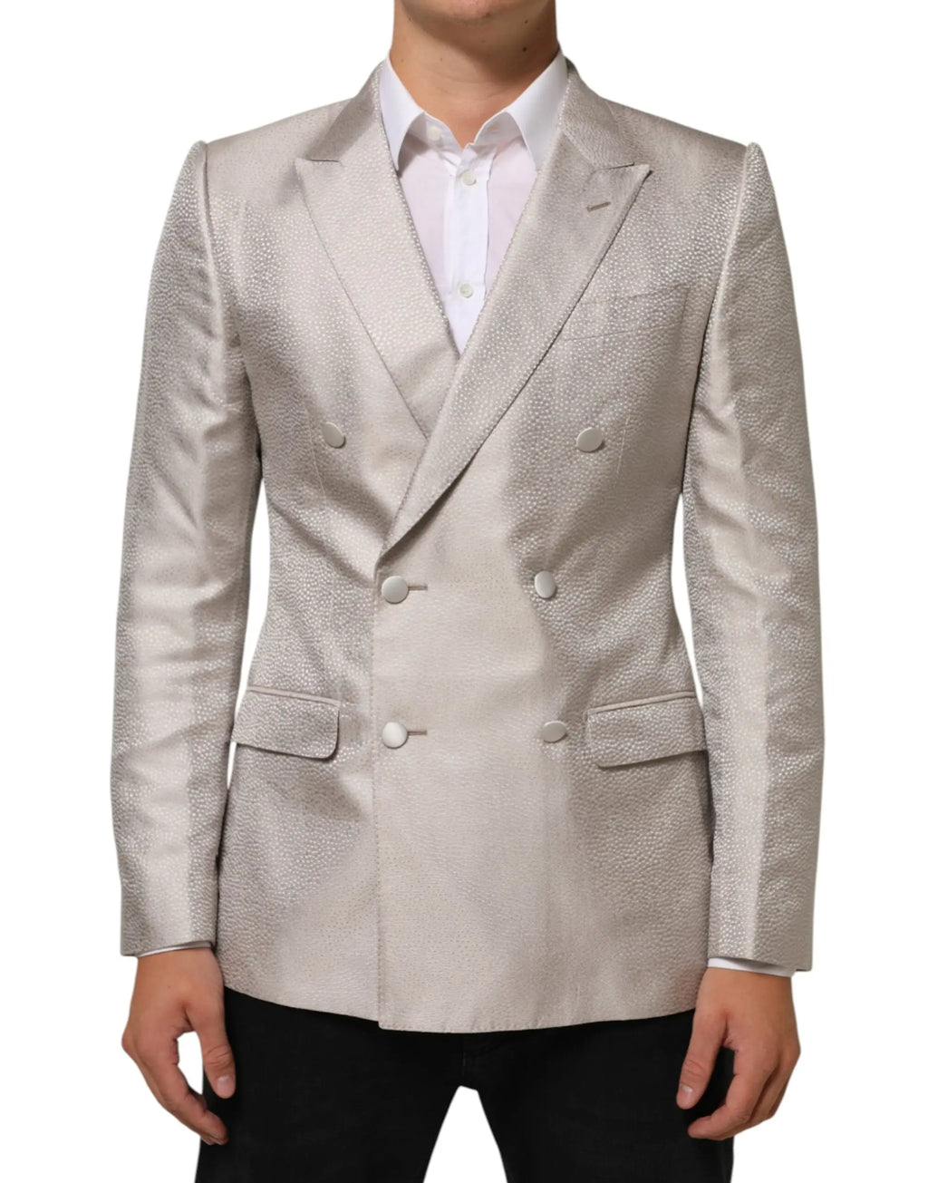 Dolce & Gabbana beige martini blazer double boutonné en tissu argenté avec motif texturé subtil et boutons assortis