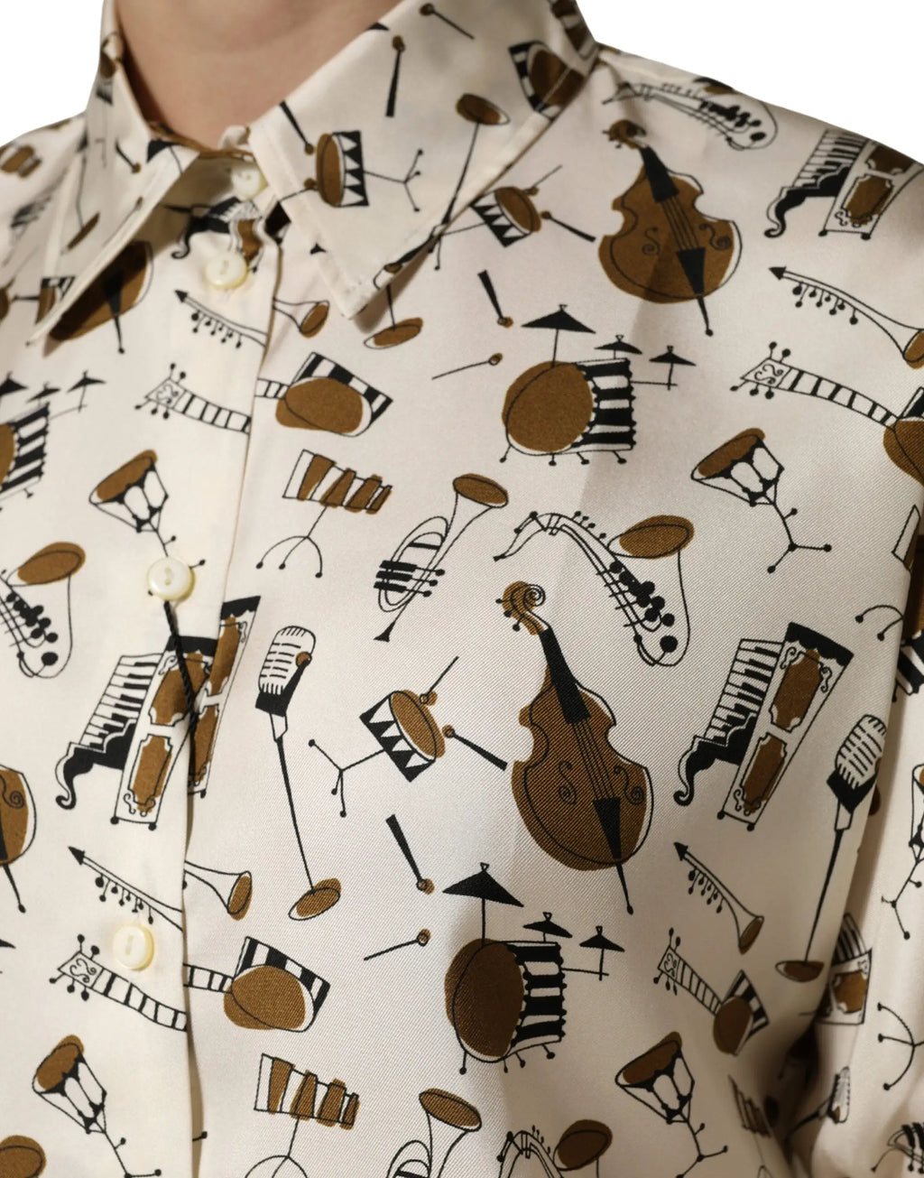 Dolce & gabbana beige chemise à boutons avec imprimé ludique d instruments de musique marron et noir
