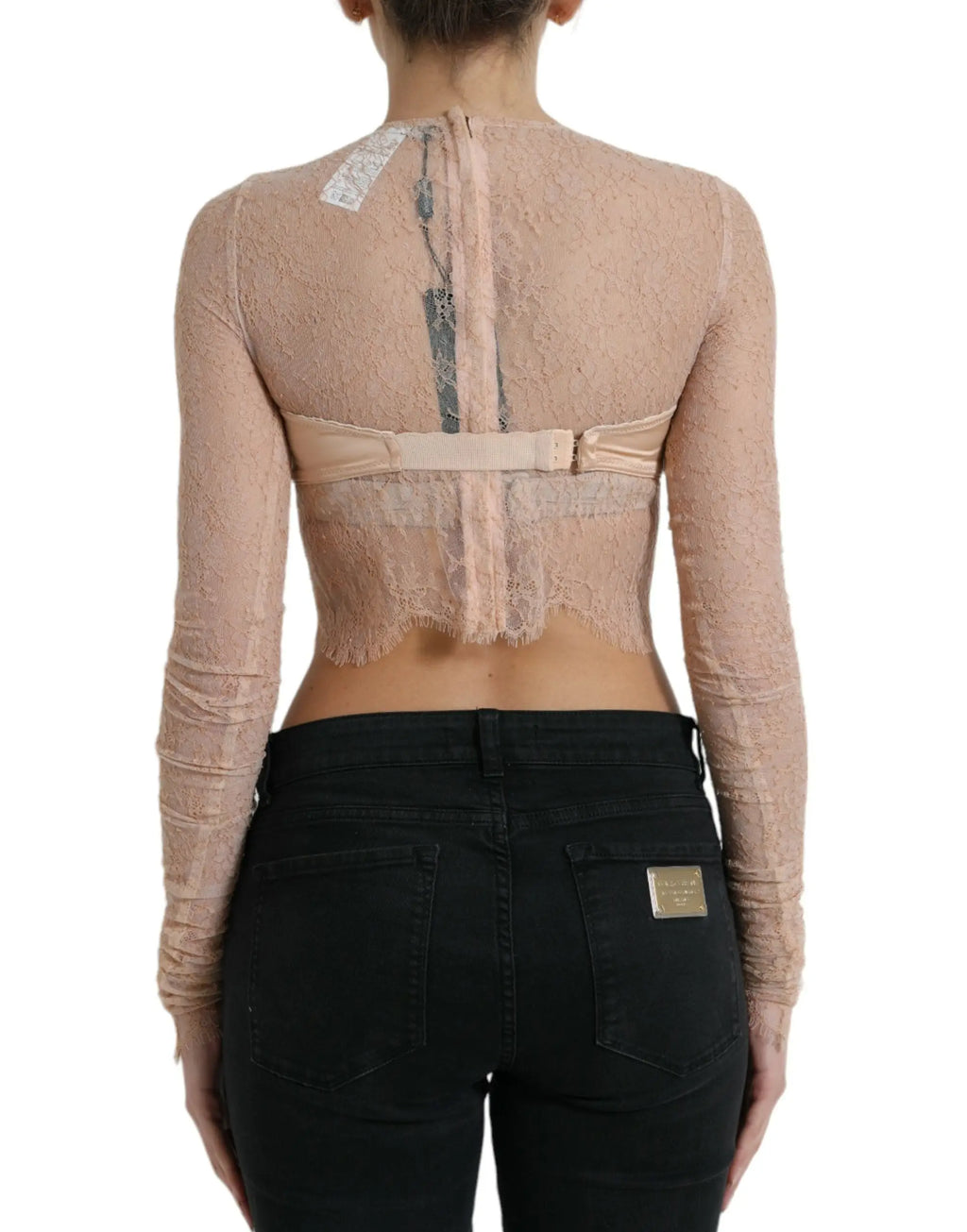 Beige lace long-sleeved crop top with satin belt and back zipper by dolce & gabbana in nylon floral lace