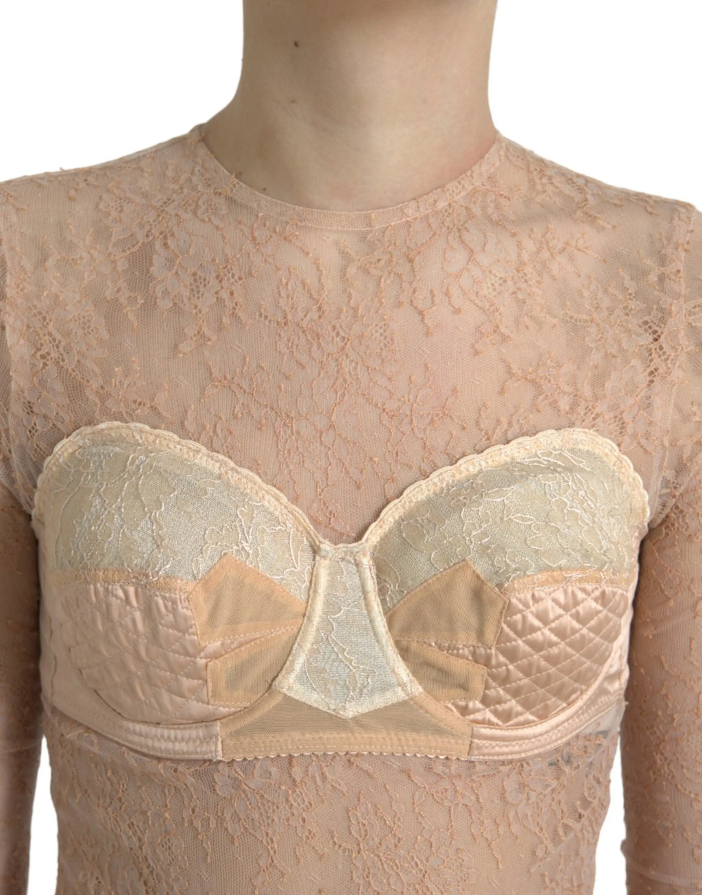 Dolce & gabbana beige nylon floral lace bustier cropped top with beige lace and satin bra quilted panels and central bow