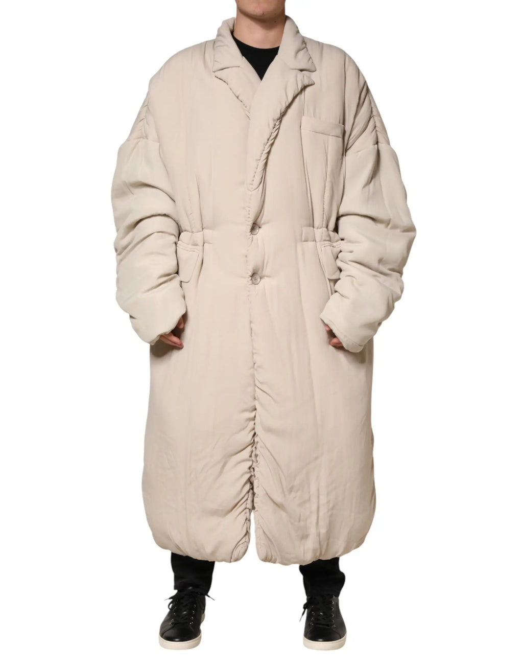 Dolce & gabbana beige trench coat oversized matelassé avec fermeture à boutons et col rembourré