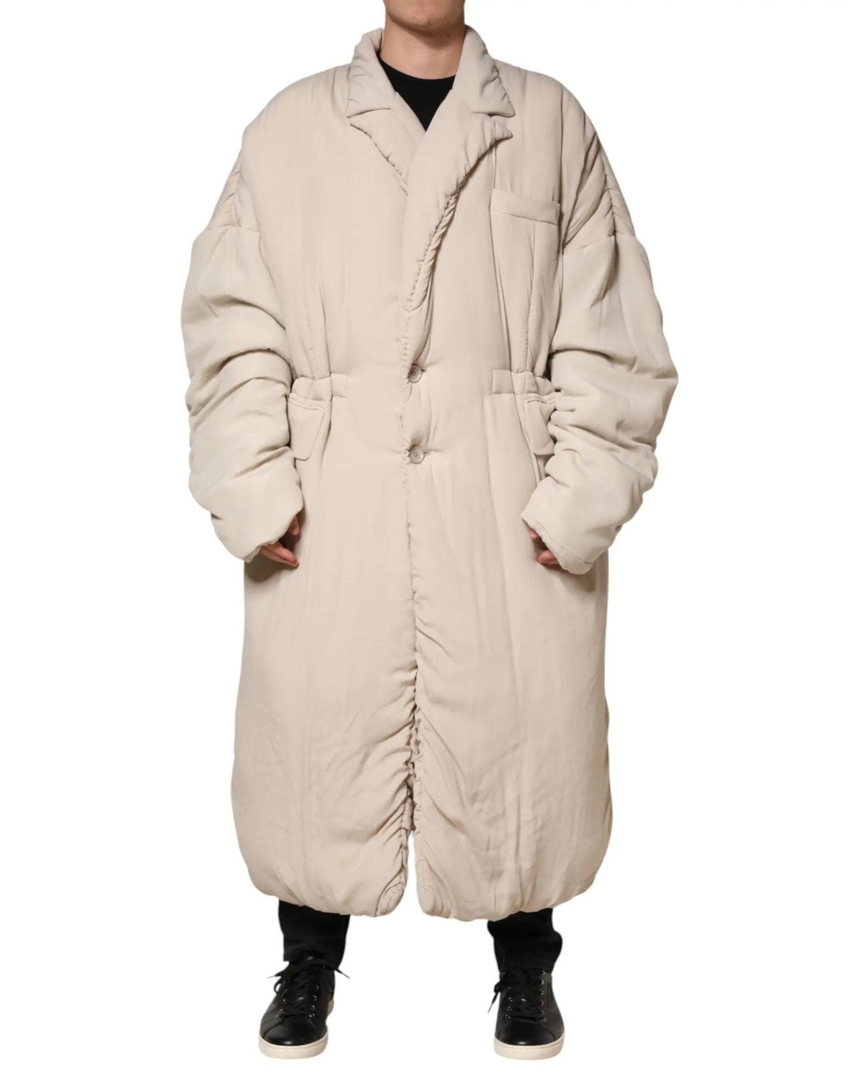 Dolce & gabbana beige trench coat oversized matelassé avec fermeture à boutons et col rembourré
