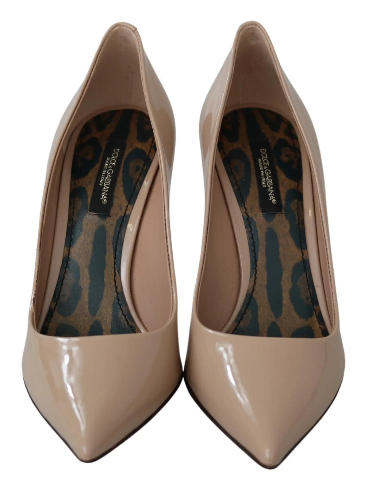 Dolce gabbana beige patent leather stiletto heel pumps with pointed toe and leopard print insole