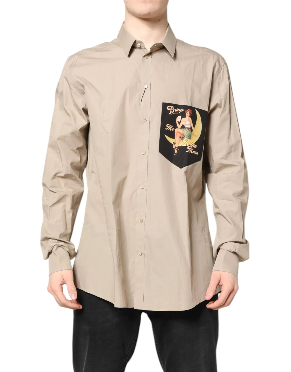 Chemise décontractée beige dolce & gabbana manches longues avec poche noire imprimé vintage pin-up sur lune crescent