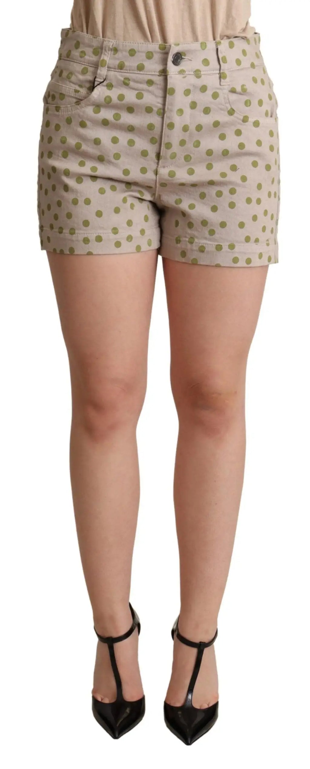 Short en denim beige dolce & gabbana à pois olive avec coton stretch et cinq poches classiques