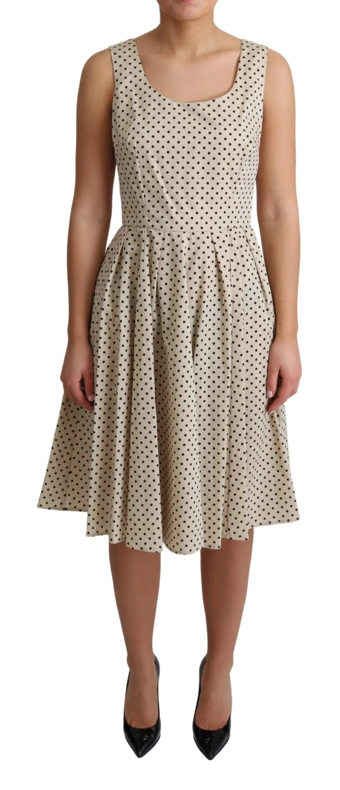 Robe beige dolce et gabbana sans manches en coton avec pois noirs et jupe évasée en a-line