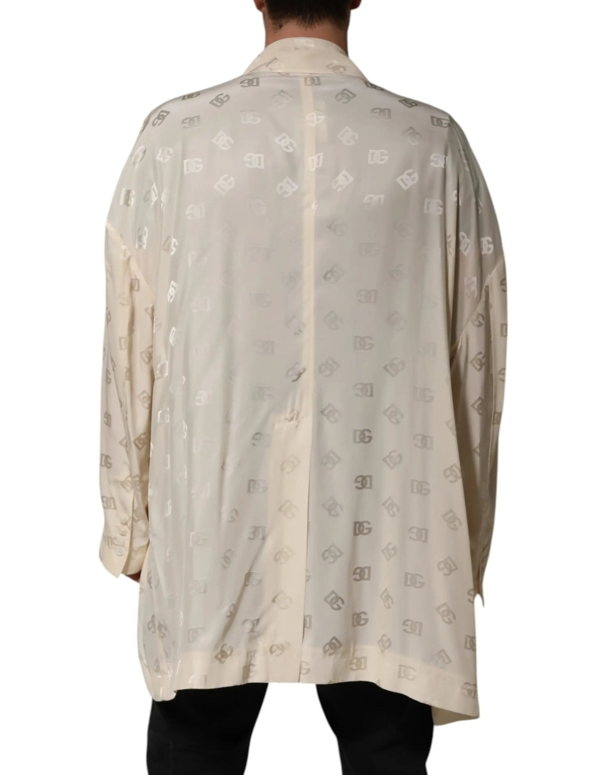 Veste manteau dolce gabbana beige en polyester avec logo d&g imprimé et léger éclat métallique