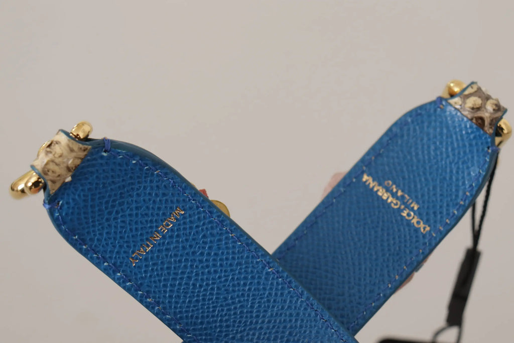 Blue textured leather shoulder strap with gold-tone hardware embossed branding for dolce & gabbana beige python bag