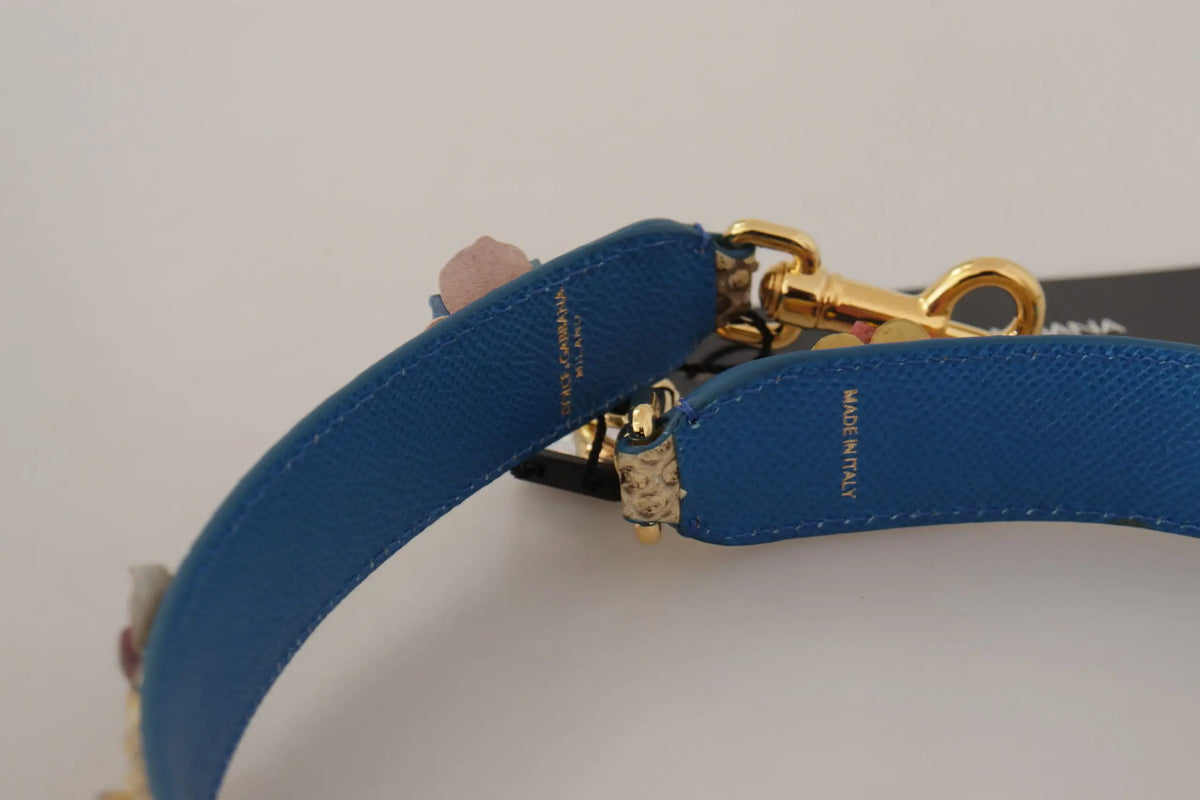 Blue leather shoulder strap with gold-tone hardware and made in italy embossing for dolce & gabbana beige python leather floral studded bag