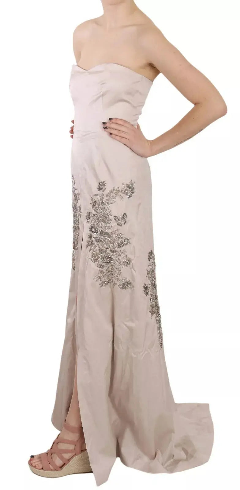 Robe longue bustier beige dolce & gabbana en satin avec broderie argentée de fleurs et papillons