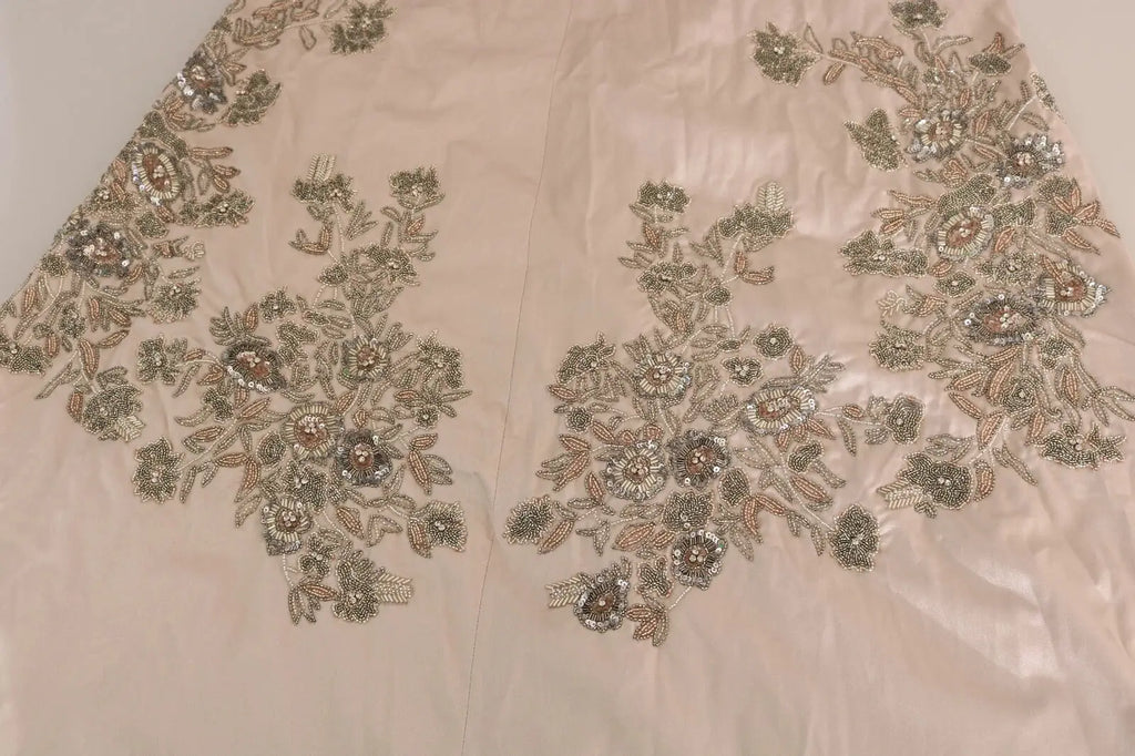 Robe de bal flare beige dolce & gabbana en satin avec broderie florale perlée dorée et argentée