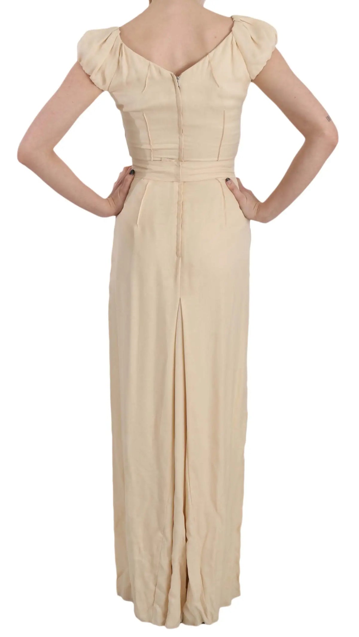 Robe colonne beige en satin de soie dolce & gabbana avec manches courtes bouffantes et taille cintrée