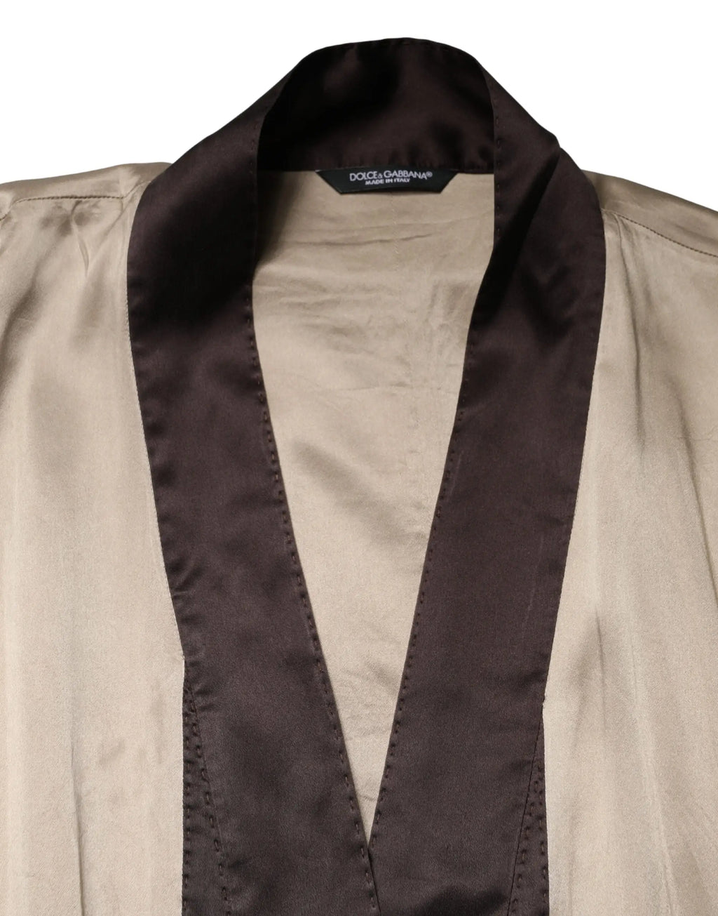 Robe longue beige dolce & gabbana en satin de soie avec col contrastant marron foncé