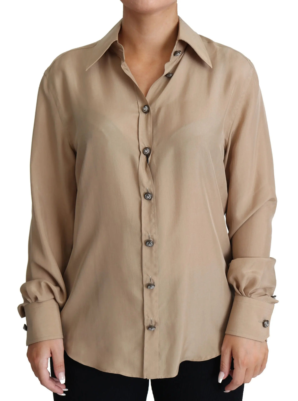 Chemise beige en soie dolce & gabbana avec boutons décoratifs métalliques et manches longues retroussées