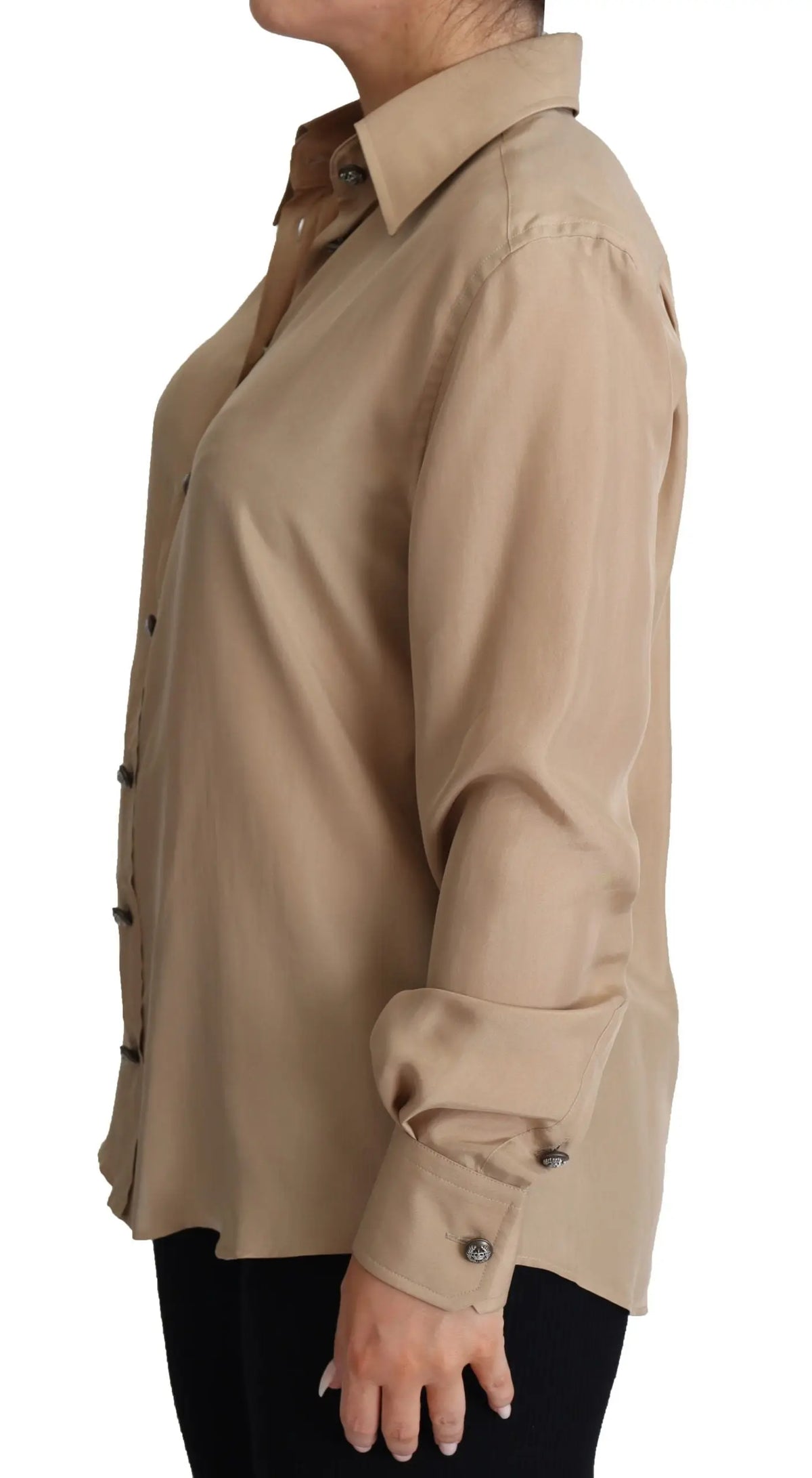 Chemise beige en soie dolce gabbana à manches longues boutons décoratifs col classique et poignets assortis