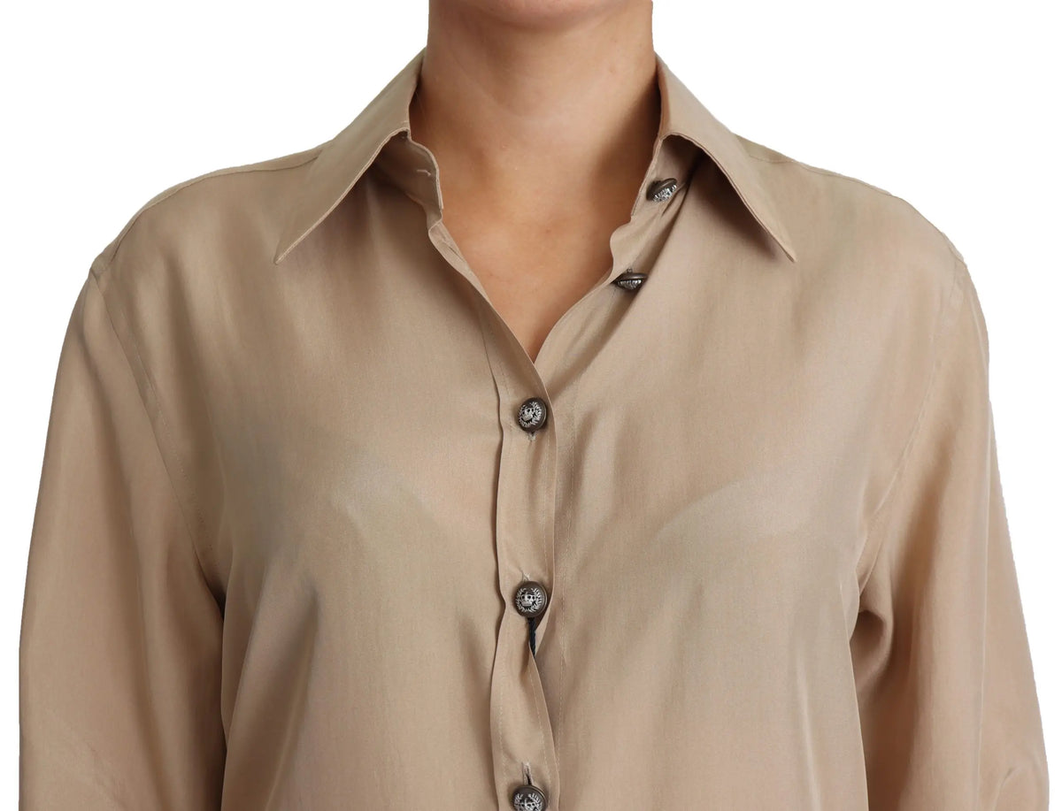 Chemise beige en soie dolce & gabbana avec boutons décoratifs argentés sur le devant