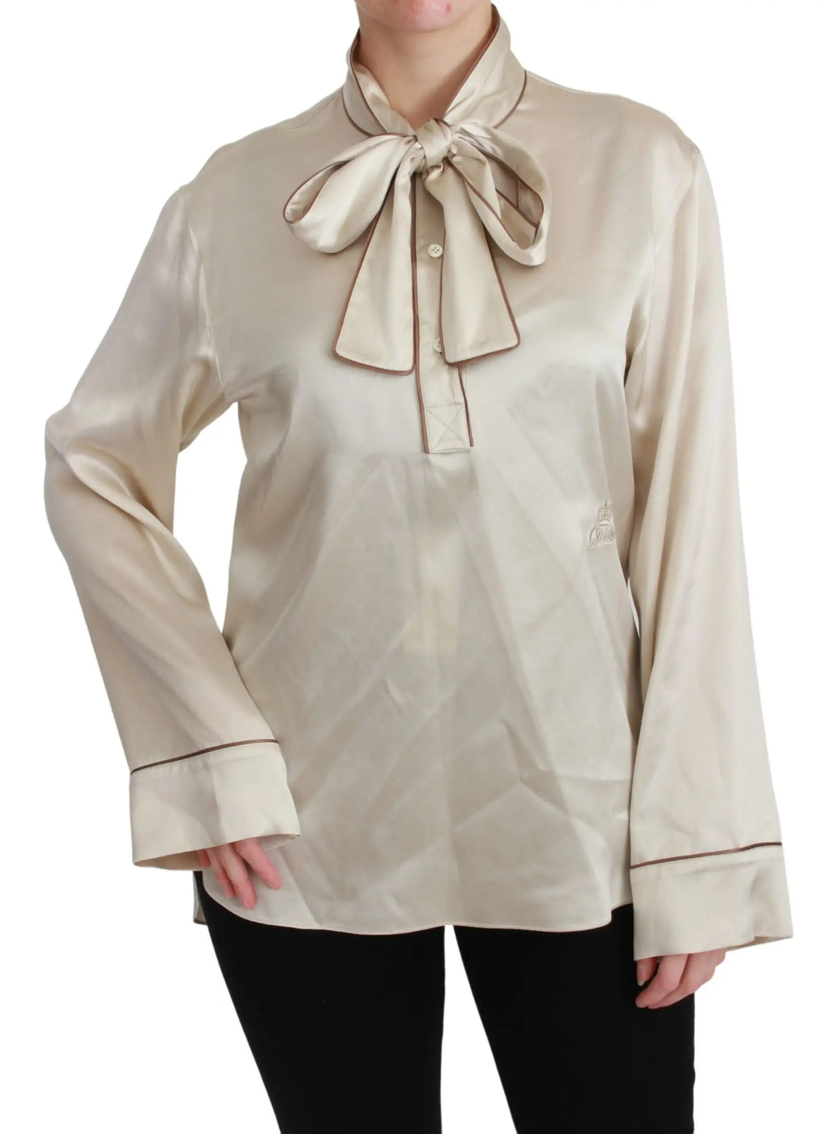 Blouse queen en satin de soie beige dolce & gabbana avec nœud au col et bordures contrastantes foncées