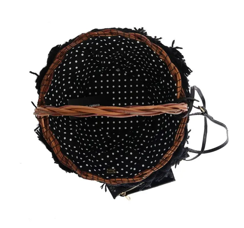 Sac agnese dolce & gabbana en paille beige et cuir imprimé serpent avec intérieur à pois noir et blanc et extérieur en osier tressé