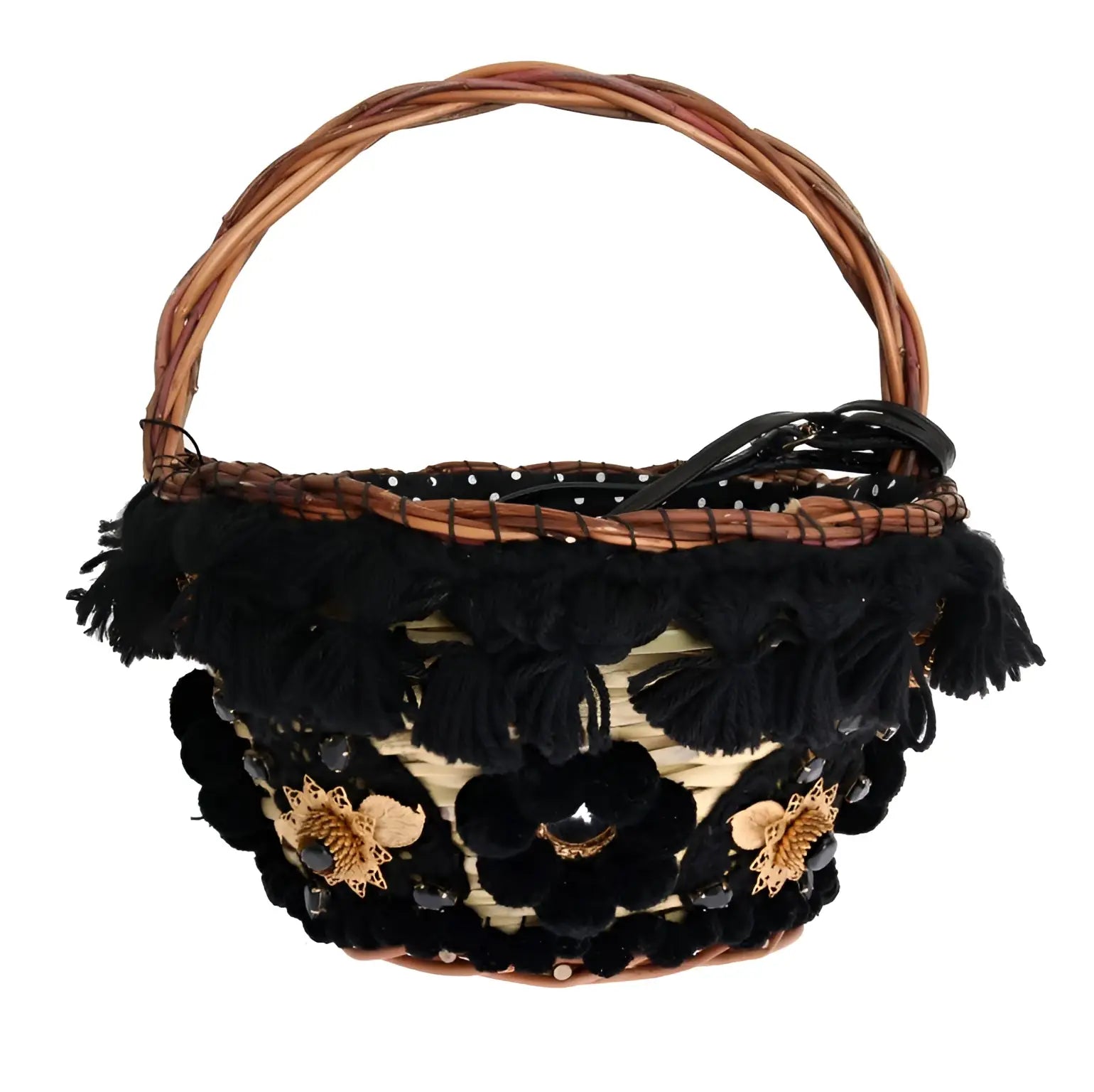 Panier tissé beige dolce & gabbana avec poignée marron, pompons noirs et appliqués floraux brodés or
