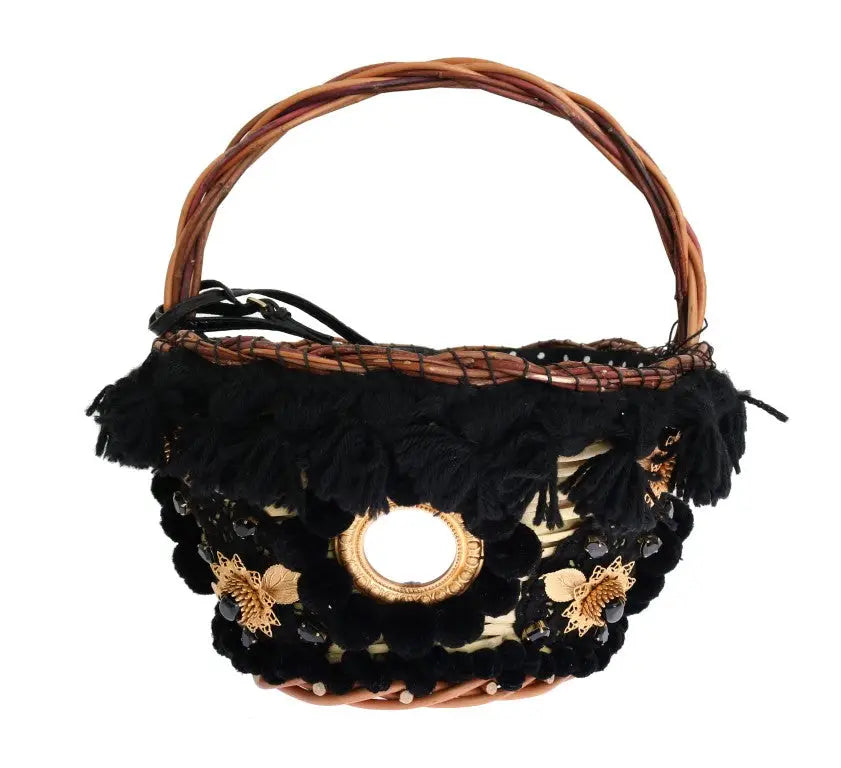 Sac à main dolce & gabbana agnese en paille beige avec détails serpent, pompons cristal, fleurs en velours et perles noirs et or