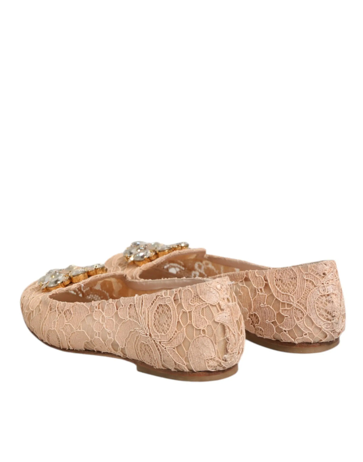 Dolce & Gabbana beige taormina lace flats shoes with sparkling crystal embellishments in beige lace material